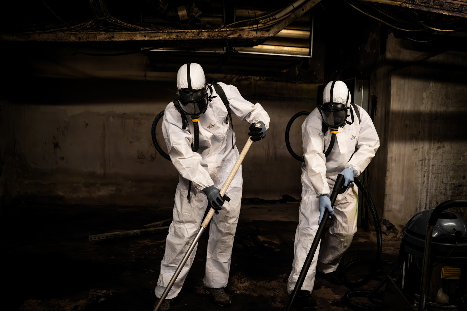 To medarbejdere i beskyttelsesdragter rydder op efter skader i bygning – ofte relevant før renovering og tilbud på nyt tag.